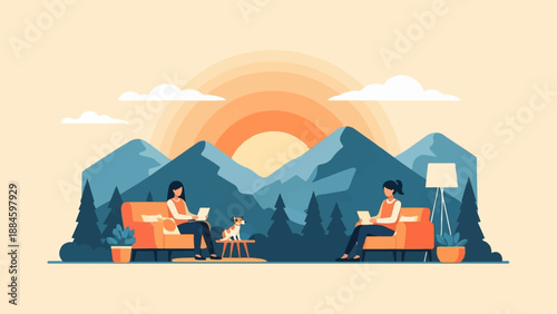 Two women and a dog relax with laptops in a cozy indoor setting