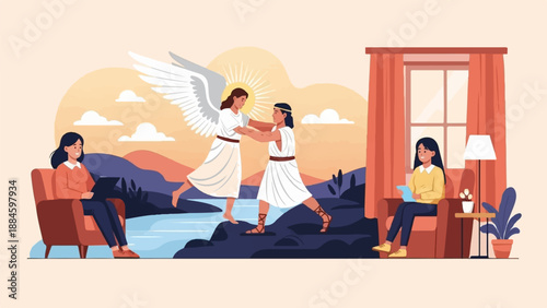 Two women sitting in armchairs, an angel guiding a person by a river