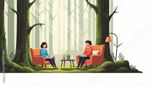 Two women relax reading in chairs amidst a serene, sun-dappled forest