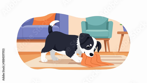 Playful puppy chewing on an orange blanket in a cozy room
