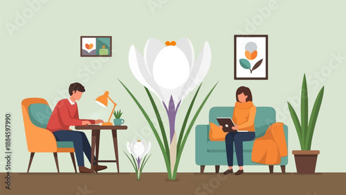 Two people working remotely from home, surrounded by plants and art