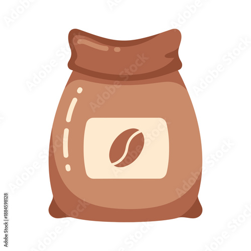 Brown coffee bean bag icon with label, flat design, isolated on white