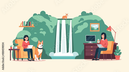 Two women and dog at home with waterfall background