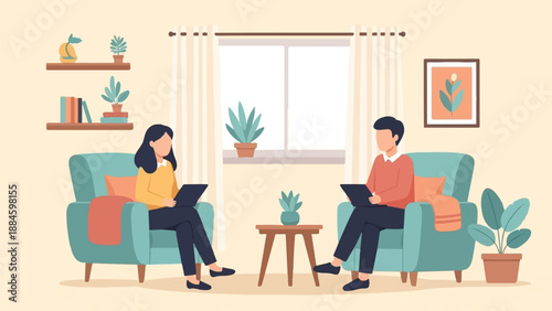 Two people in armchairs looking at tablets in a cozy room with plants