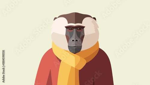 Stylized primate with brown coat, cream mane, and yellow scarf
