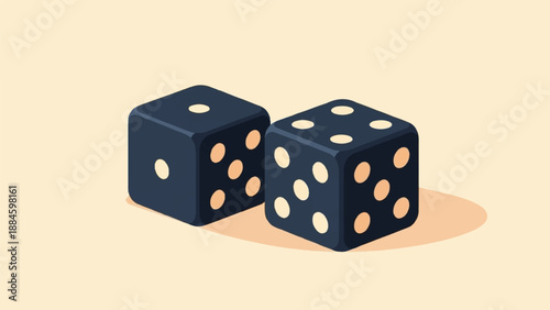 Two dark blue dice with light orange dots on a light background