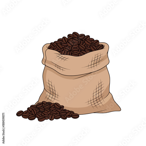 Burlap Bag Full of Roasted Coffee Beans, Some Spilled on White Background