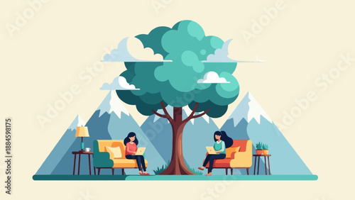Two women work on laptops on sofas under a tree