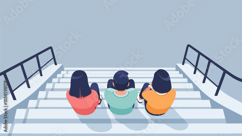 Three individuals are sitting facing away on a set of outdoor stairs with railings