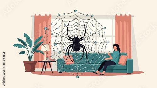 Woman on couch using phone trapped in giant spider web
