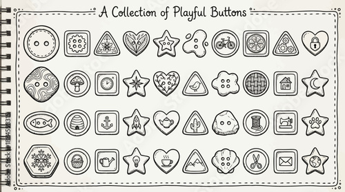 Creative Button Design Grid – 30+ Black & White Line Art Shapes for Fashion, Crafting, and Artistic Inspiration Use