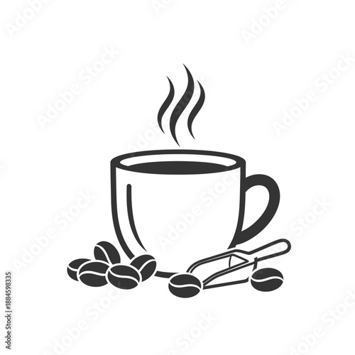 Steaming Coffee Cup with Beans and Scoop Icon