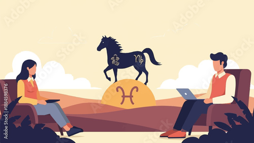 Two people sit in chairs, looking at tablets and laptops, with zodiac symbols