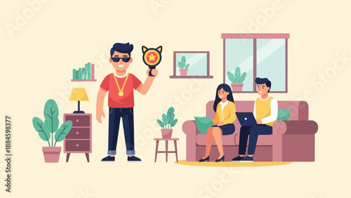 Stylish man holds cat-shaped mirror with star while people relax