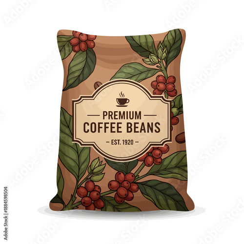 Premium Coffee Beans Bag with Coffee Plant Illustration - Vintage Label Design