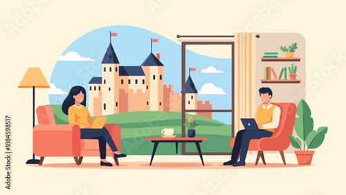 Two people work on laptops in a cozy room with a castle view