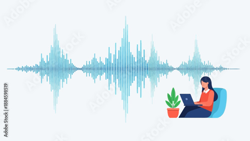 Woman on laptop with sound wave visualization and plant