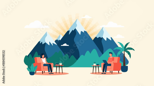 Peaceful scene of people relaxing with mountains and sun rays background