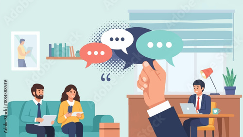 People in an office environment are engaged in discussions and work