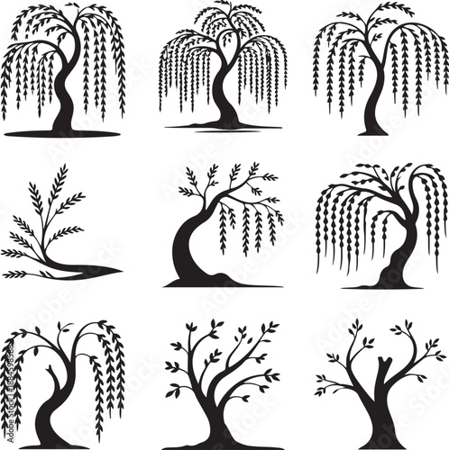 black silhouettes of various trees with hanging branches and leaves on white background