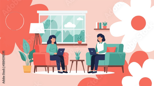 Two women work on laptops in a room with large floral decorations