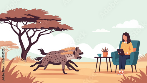 Woman with laptop in armchair watches hyenas run through savanna