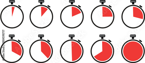 Stopwatch Timers Showing Progress from Start to Finish in Red and White on White Background