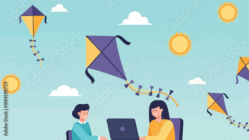 Two people work on a laptop outdoors with kites flying in a sunny sky