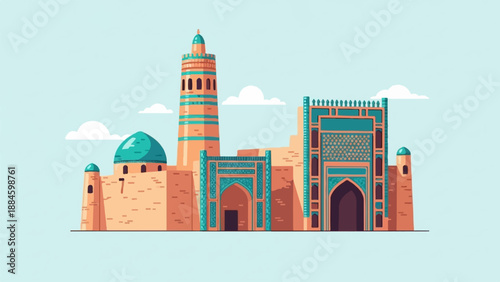 Pixel art depiction of an ancient complex with a dome and minaret