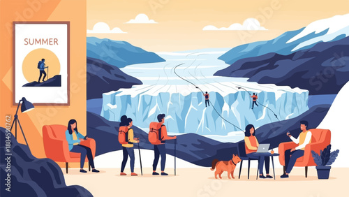 People relaxing indoors while others hike on a glacier in the background