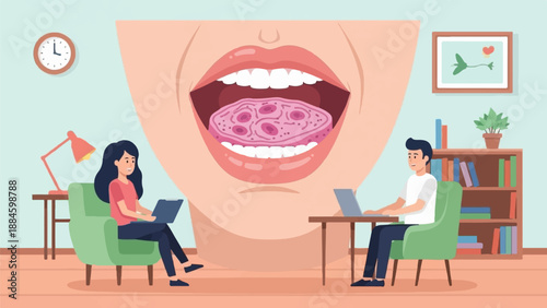 Two people work on laptops in a room with a giant open mouth and tongue above them