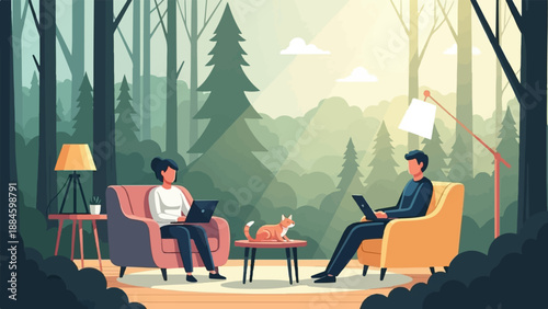 People working on laptops in cozy forest home with cat