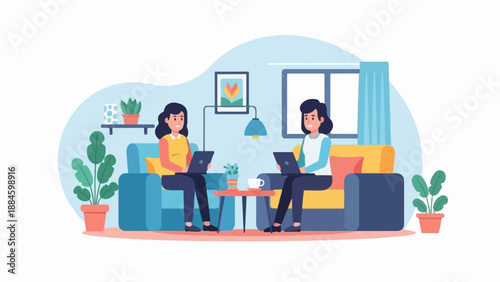 Two women working on laptops while relaxing on sofas at home