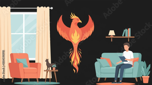 Modern living room with a mythical bird and a person reading