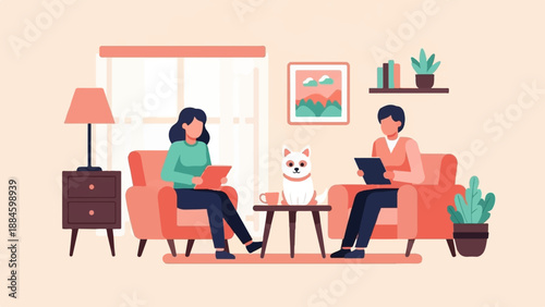 Two people and a dog relaxing indoors with books and plants