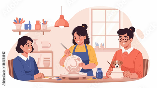 People enjoy creative pottery and crafting in a bright studio, with a dog