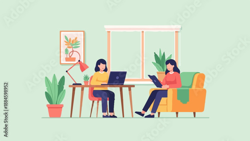 Two women working and reading at home