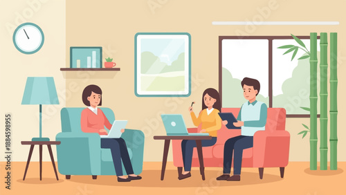 People working on laptops and tablets in a cozy room with a clock and bamboo