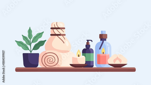 Relaxing spa items potted plant, herbal compress, rolled towels, and candles