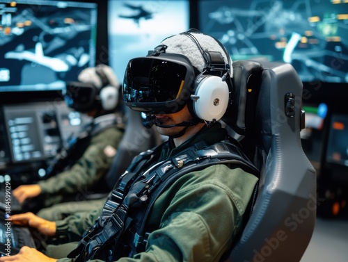 Virtual reality pilot training military simulator high-tech environment immersive experience strategic perspective