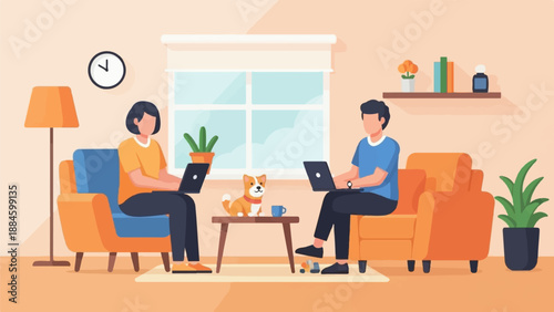 Two people and a dog work remotely from home on laptops in a cozy living room