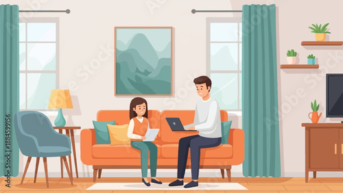 Two people are sitting on a couch, one using a laptop, in a cozy living room