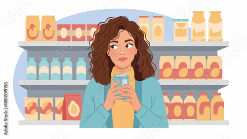 Woman holding a can in grocery store aisle with shelves full of products
