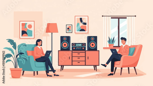 Two people relax in a living room, one on a blue couch, the other on an orange armchair, both using laptops