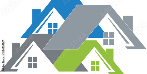Colorful overlapping house roofs and windows icon set for real estate development and construction business concept