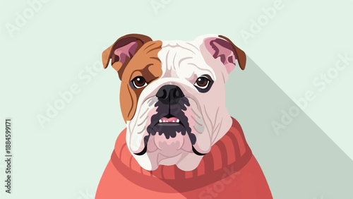 Stylized bulldog in a coral sweater, looking forward with a light grey background
