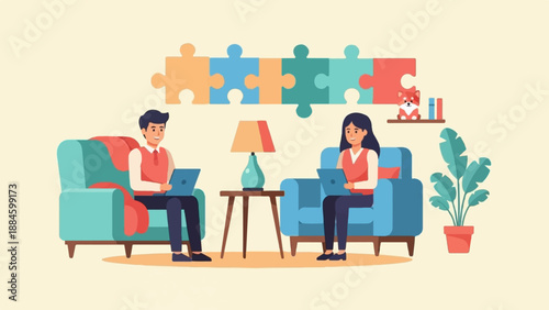 Two people working on laptops in comfortable chairs with puzzles above