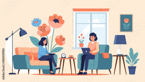 Two women relax in a cozy living room filled with plants and flowers