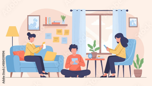 Three people are in a living room, reading, and using their phones