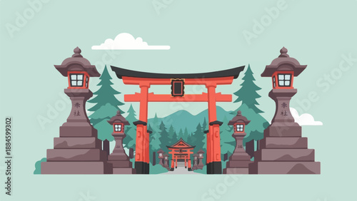 Stylized Japanese shrine entrance with torii gates, lanterns, and trees